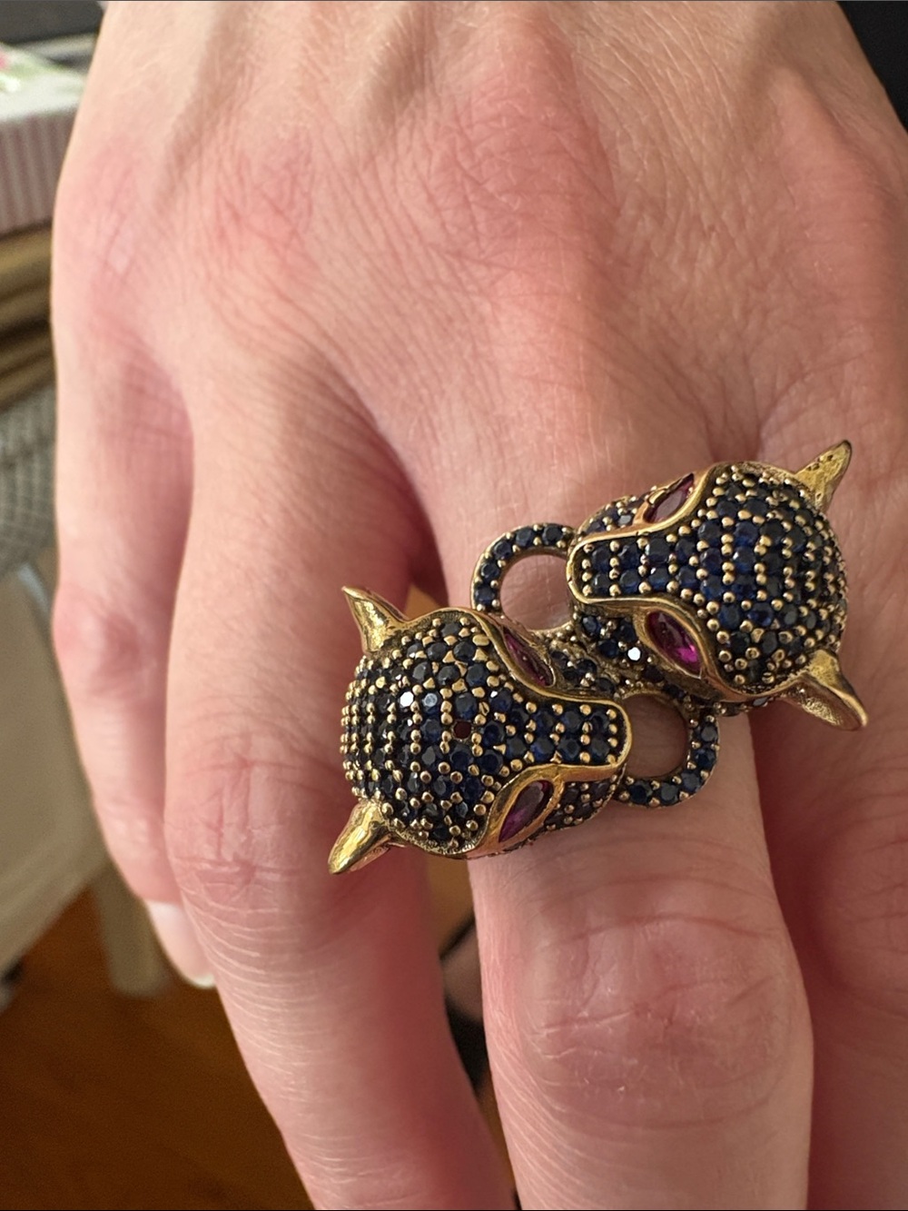 Sterling silver Double Panther Ring with Blue and Pink Stones